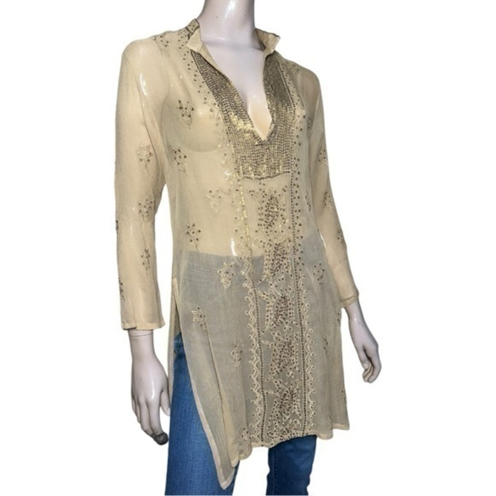 Pia Halstrom Women’s Size M Tan Nude Crinkle Silk Chiffon Gold Sequin Tunic Top